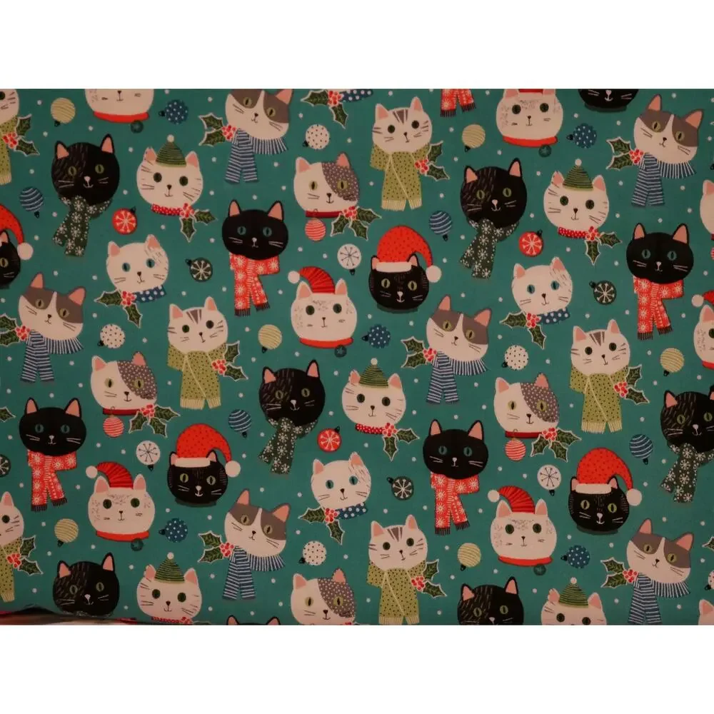 Handmade Christmas Kittens Pillowcases, Northcott Cotton Print, Turquoise Set
